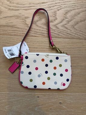 NWT Coach Cream Wristlet with Hot Pink Trim and Multicolor Polka Dots